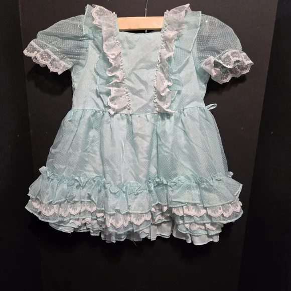 Vtg Mini World Baby Girl Dress Suiss Dot Sheer Ruffle Lace Lt Blue USA